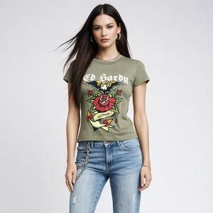 Ed Hardy Baby Tee XL Green Rose Eagle Tattoo Graphic 2000s Top
